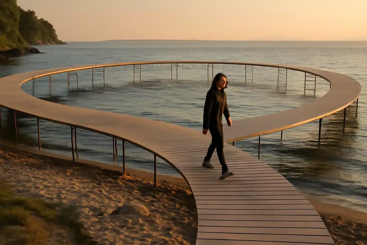 The Infinite Bridge in Aarhus — Die Holzinstallation The Infinite Bridge (Den Uendelige Bro) an der Ballehage‑Strandlinie ist ein ringförmiger Steg, der ins Meer hinausführt und den Eindruck eines unendlichen Weges erzeugt. Ursprünglich 2015 bei einer Skulpturenausstellung gezeigt, blieb das Werk