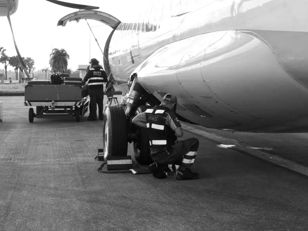 Flugzeug am Gate mit Bodenabfertigungsfahrzeugen und Personal auf dem Vorfeld