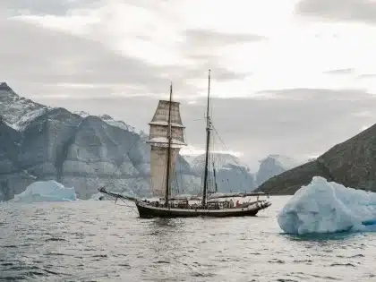 Großes Kreuzfahrtschiff fährt durch einen schmalen grönländischen Fjord mit Gletschern und Bergkulisse
