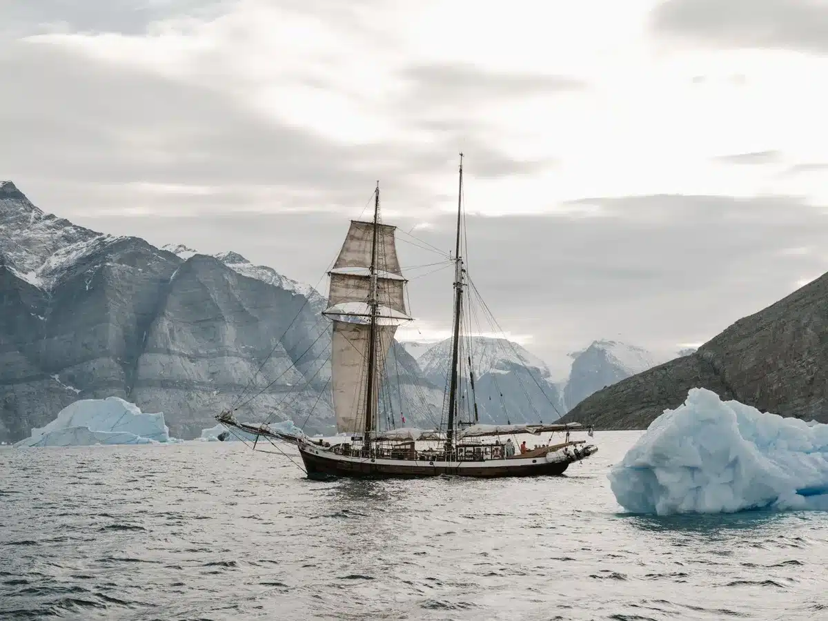 Großes Kreuzfahrtschiff fährt durch einen schmalen grönländischen Fjord mit Gletschern und Bergkulisse