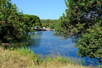 Familien beim Camping an einem europäischen Campingplatz mit See und Freizeitangeboten
