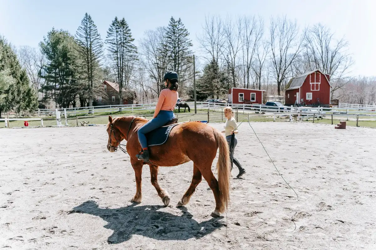 Anfänger reiten in einer geführten Gruppe mit Begleiter auf einem Reitpfad