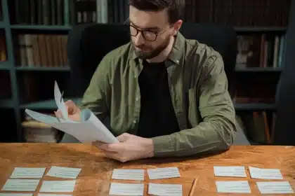 Person an einem Schreibtisch mit Dokumenten und Computerbildschirm bei der Recherche