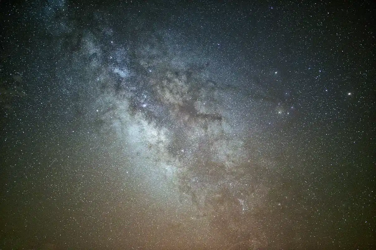 Person beobachtet den Sternenhimmel mit Teleskop in einer dunklen, waldigen Umgebung