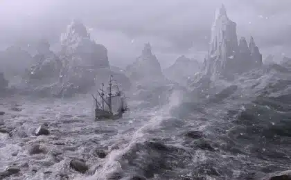 Stürmisches Meer mit hohen Wellen an einem leeren Strand mit Palmen und Warnzeichen