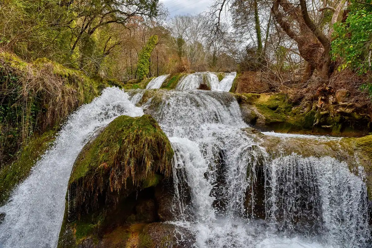 Mehrere Wasserfallkaskaden mit weißer Gischt und Sprühnebel im Wald