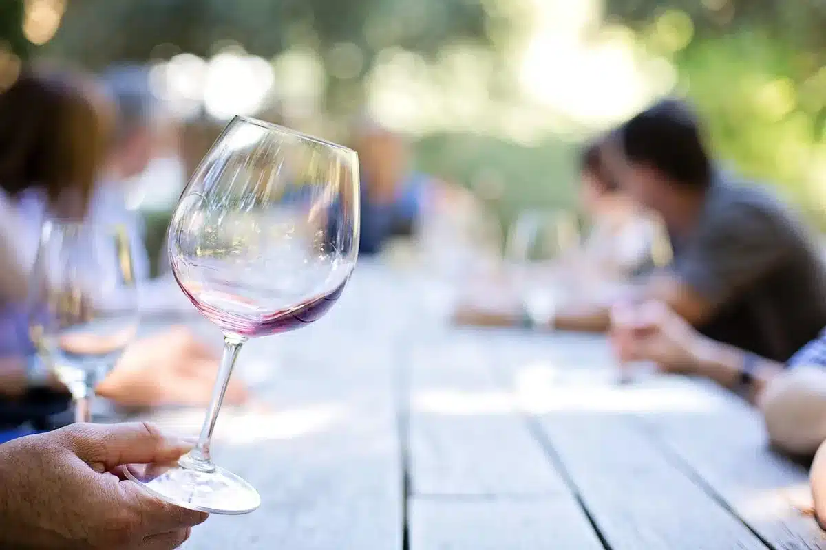 Weinglas mit rotem Bordeaux-Wein beim Degustieren, Aromanoten sichtbar