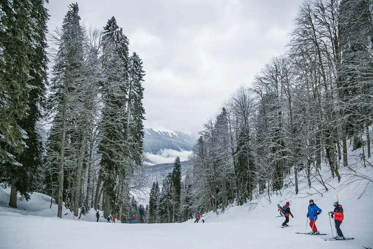 Skifahrer auf verschneiter Piste mit Bergpanorama im Hintergrund