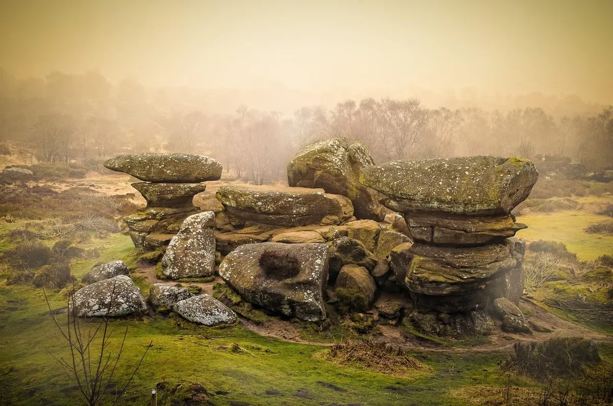 Moorlandschaft mit Morgennebel über Hochmoorflächen im Herbst