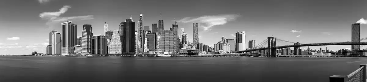 Blick von der Williamsburg-Uferpromenade auf die Manhattan-Skyline mit East River im Vordergrund
