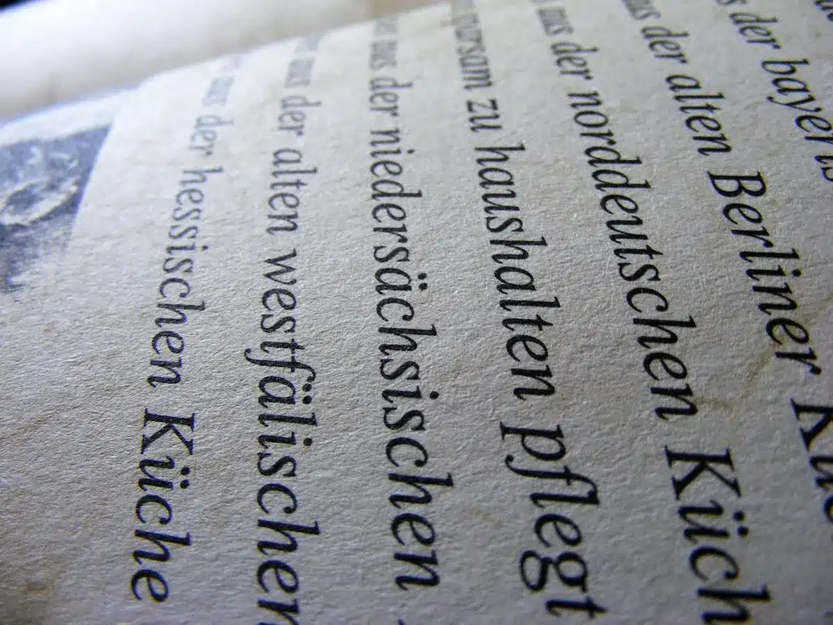 Aufgeschlagenes Wörterbuch mit hervorgehobenen Wörtern und Notizen, das die Vieldeutigkeit von Sprache zeigt