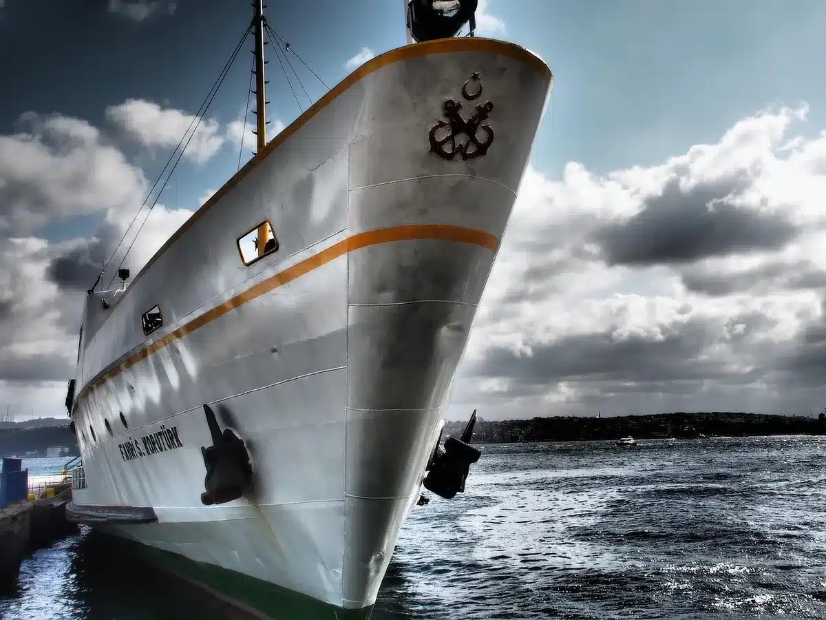 Elegantes Flussschiff an einem Flussufer, neutral und anonym