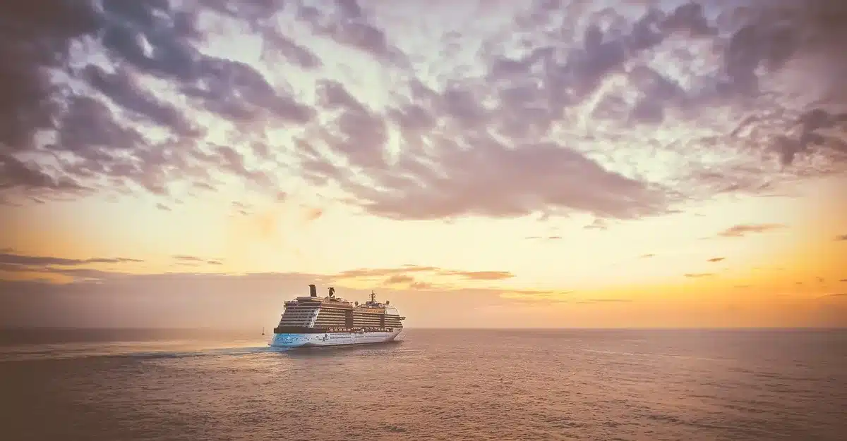 Kreuzfahrtschiff vor hawaiianischer Küste mit Palmen im Hintergrund
