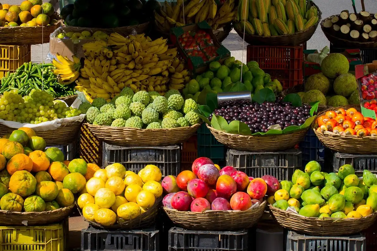 Marktstände mit regionalen Produkten vor Schlossfassade
