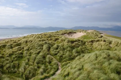 Küstenpfad in der Bretagne mit Gras, Fährschiff und kühlem Abendlicht